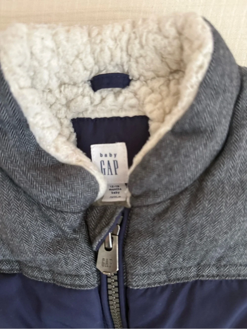 Baby Gap Navy & Gray Quilted Sherpa Vest- 12-18 months- EUC- neutral outfit